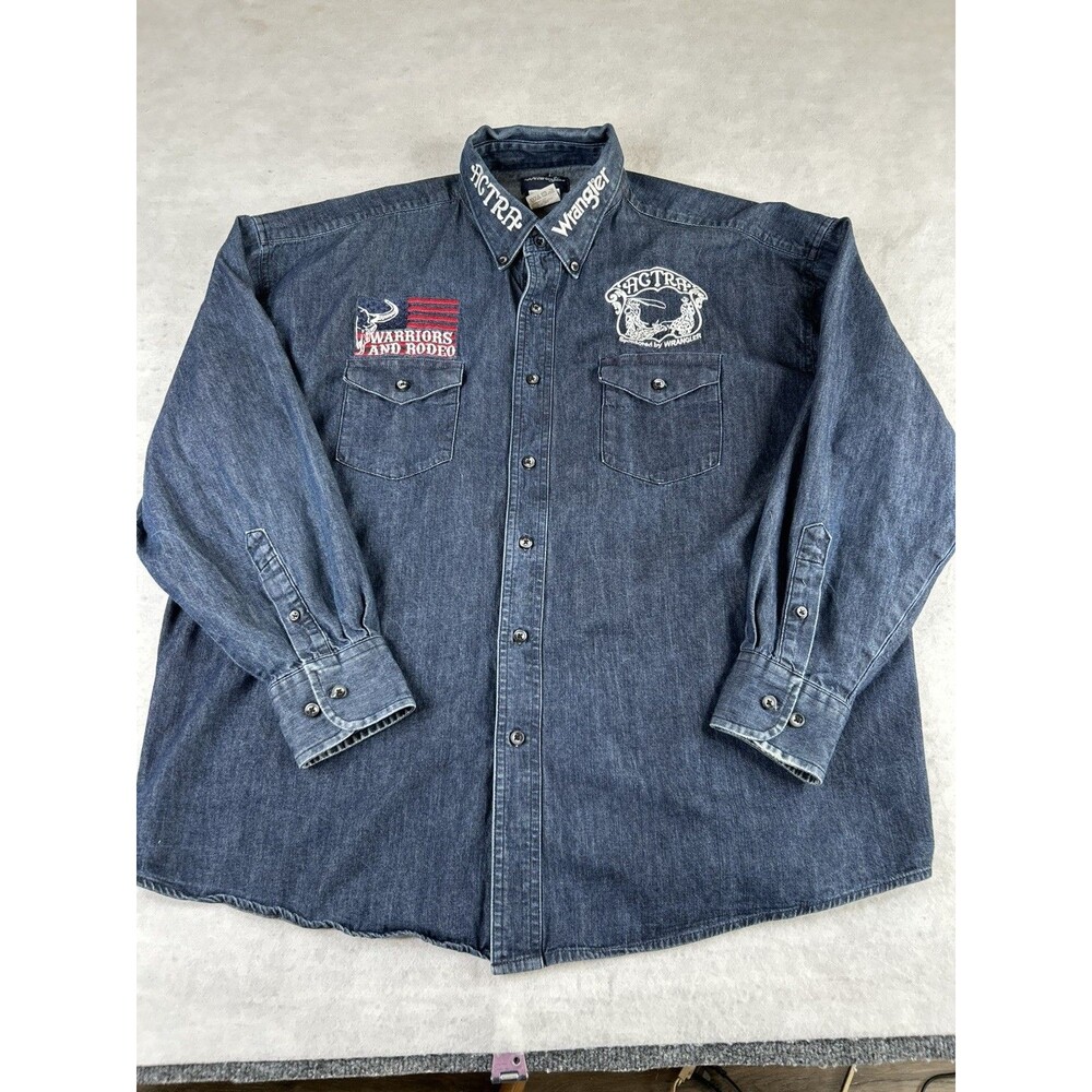 Wrangler ACTRA Denim Shirt Mens 2XL Western Warriors & Rodeo Button Up Long Logo
